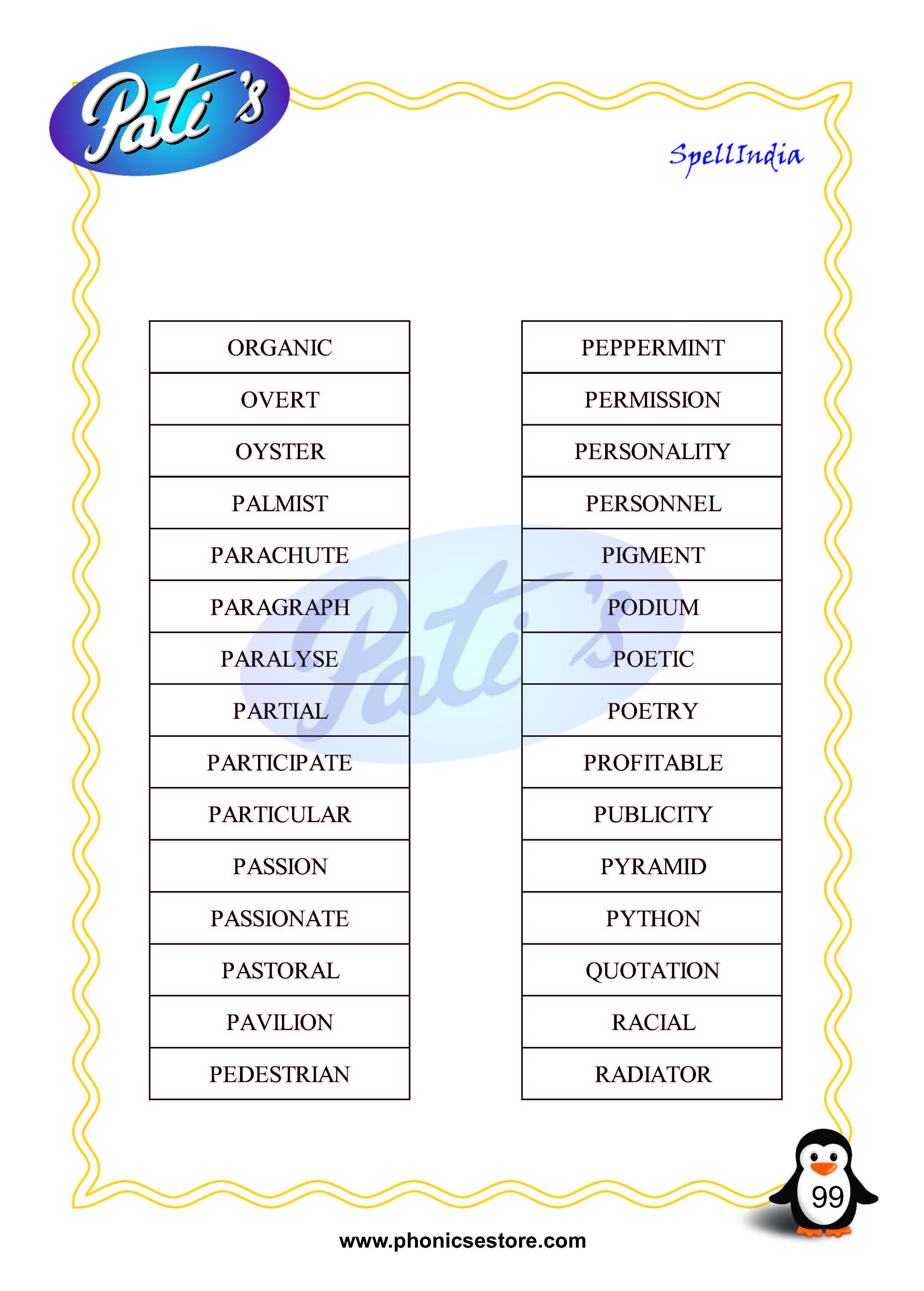 class 4 word list based spell bee exam